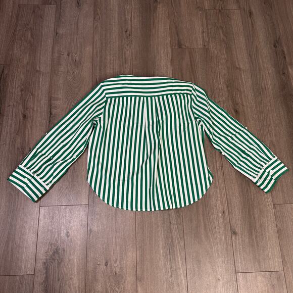 Madewell Poplin Easy Y-Neck Button-Up Shirt WMNS M Green White Striped NU737 LS - Picture 7 of 9